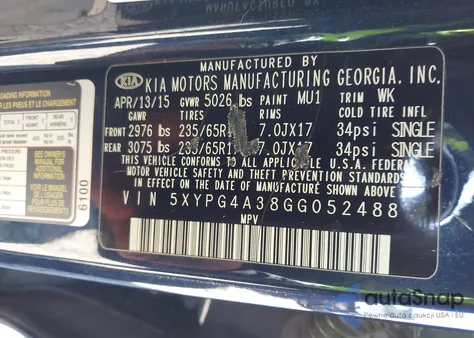 2016 Kia Sorento 2.4L Lx из США, поврежденный, VIN 5XYPG4A38GG052488